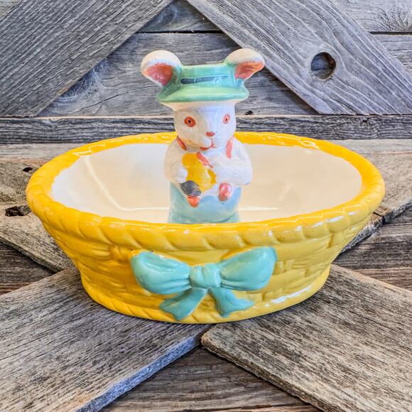 1997 Vintage Hermitage Pottery, Ceramic Easter Bunny and Basket Jelly Bean Dish - Picture 1 of 10